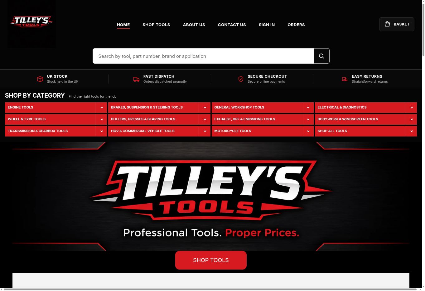Tilley's Tools homepage with product search, category navigation and the branded storefront